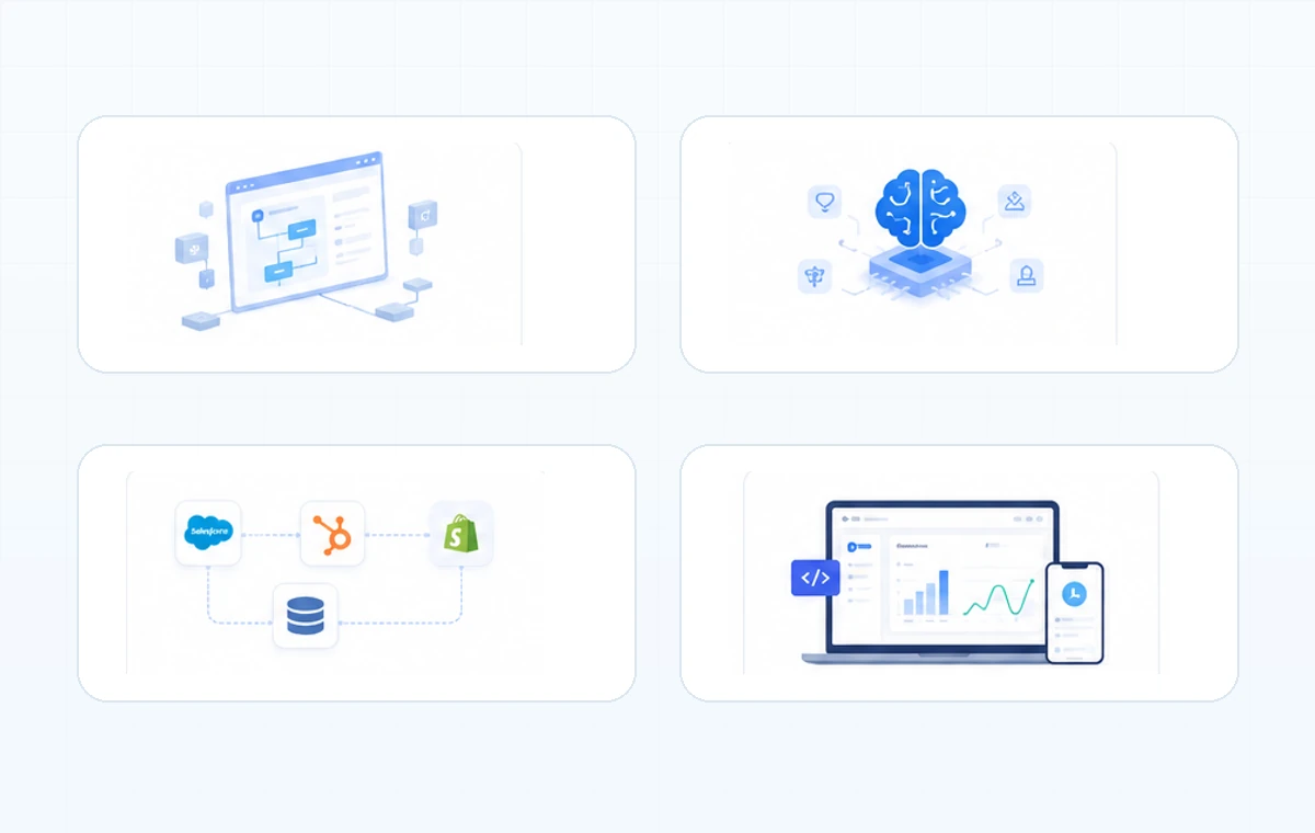 Business automation, AI, systems integration and custom software workflow illustrations