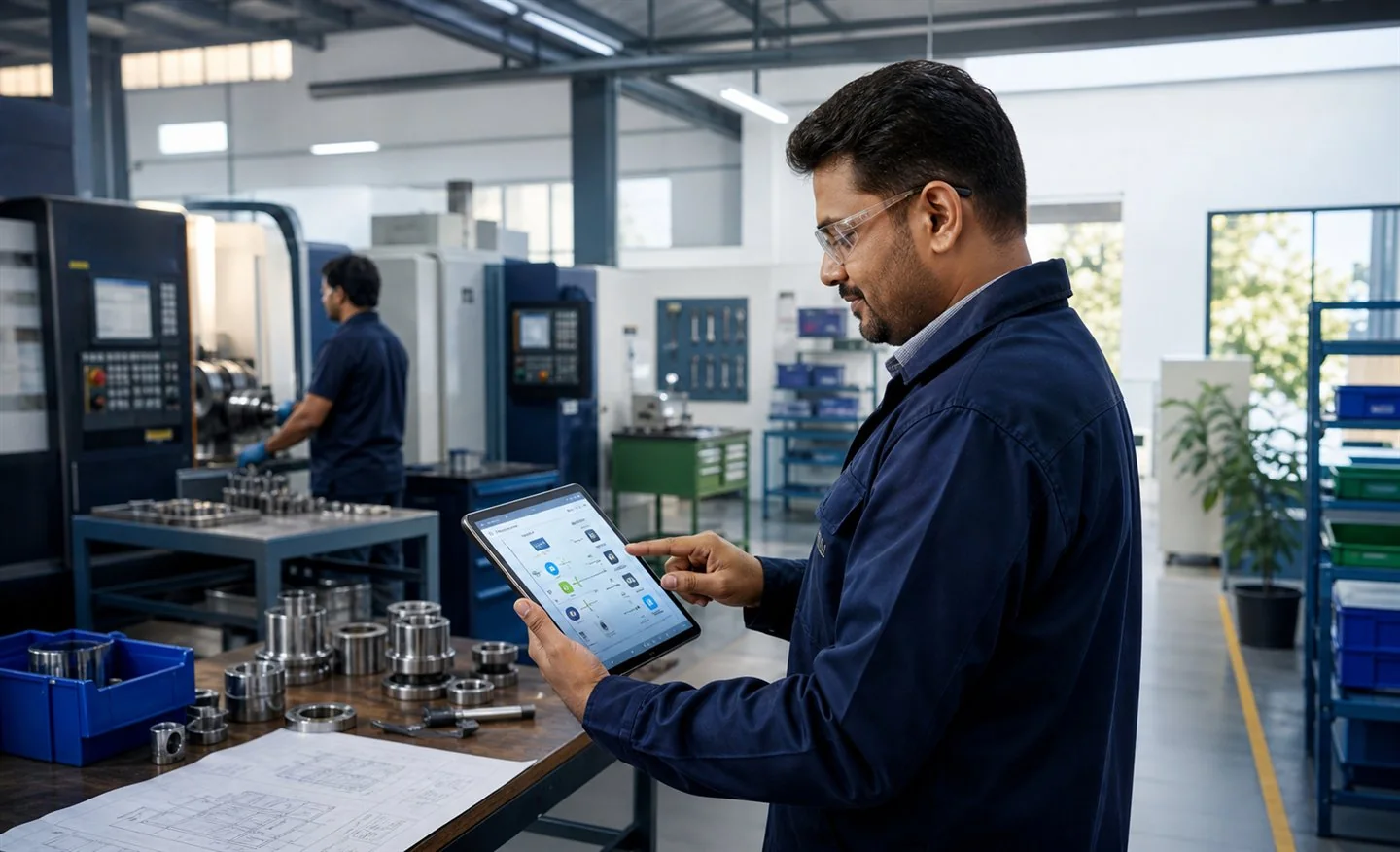 Manufacturing team reviewing a digital production and operations workflow